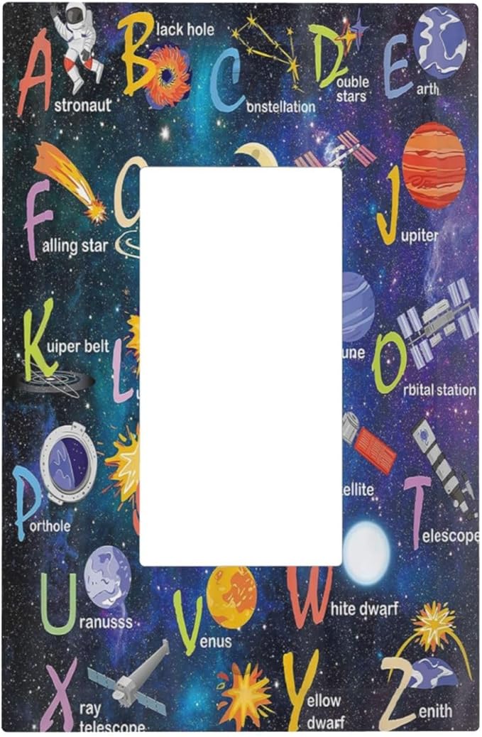 ABC Outer Space 1 Gang Rocker Light Switch Plate Alphabet Galaxy Educational Single Decora Outlet Wall Plate Cover Faceplate Decorative Switchplate GFCI for Kidroom Nursery Living Room Boyroom Decor