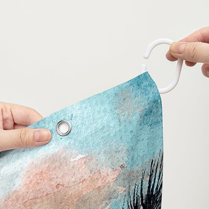 AILONEN Beach Shower Curtain,Retro Afterglow Bathroom Shower Curtain Sets for Girls Boys Teens Women, 72" W*96" H Sunset Coconut Tree Theme Bathroom Decors