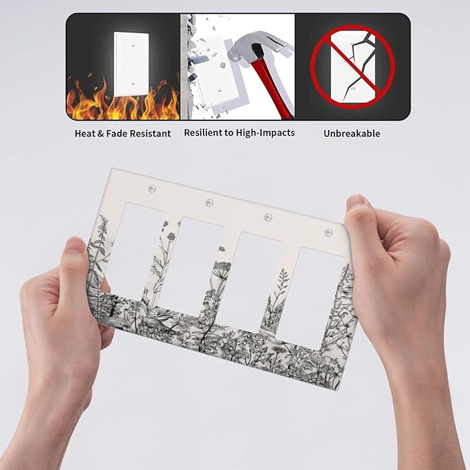 Vintage Grey Floral Herbs Wild Flowers Botanical 4 Gang Rocker Decora Boho Light Switch Cover Decorative Country Unique Outlet Covers Wall Plate Electrical Faceplate Switchplate GFCI