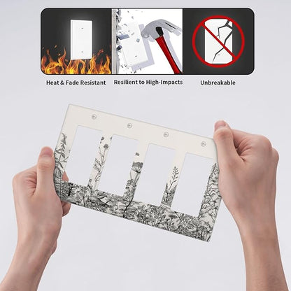 Vintage Grey Floral Herbs Wild Flowers Botanical 4 Gang Rocker Decora Boho Light Switch Cover Decorative Country Unique Outlet Covers Wall Plate Electrical Faceplate Switchplate GFCI