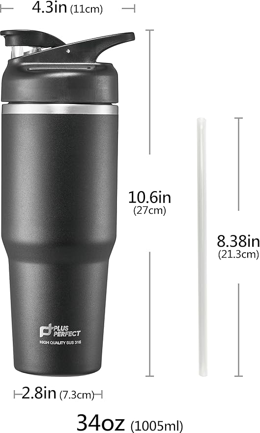 34 OZ 316 Stainless Steel Vacuum Insulated Travel Mug With Leak Proof Flip For Both Straw & Spout, Double Walled Seamless to Keep Hot And Cold, Black