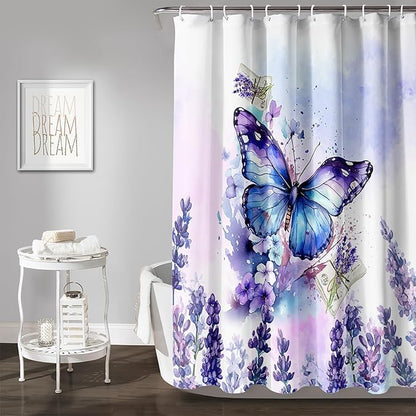 AILONEN Beautiful Butterfly Shower Curtain Bathroom 72" W*96" H Purple Butterfly Curtain Cloth Fabric Bathroom for Girls Kids,Deep Color Shower Curtain Set