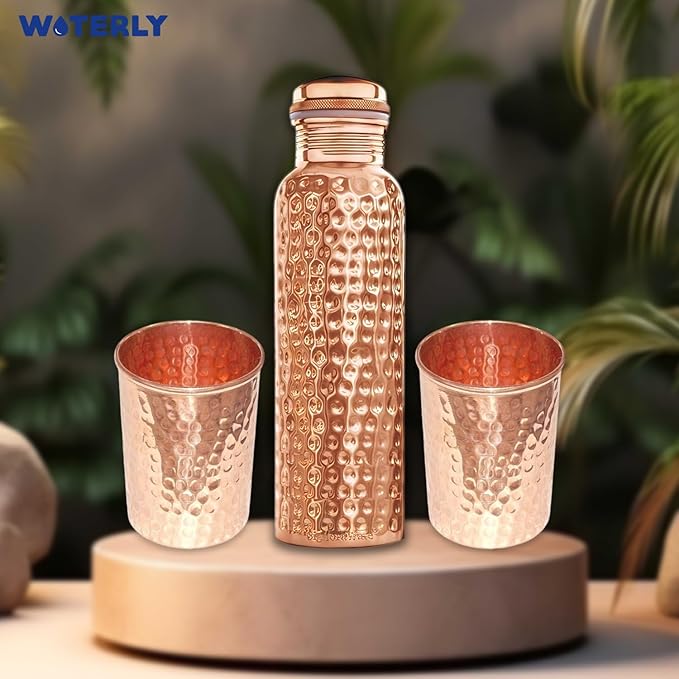 Hammered Copper Water Bottle With Set Of 2 Plain Tumbler | Premium Quality | Pure Authentic Copper Bottle (34 Oz /1000ml ) With Set 2 Copper Tumblers For Drinking