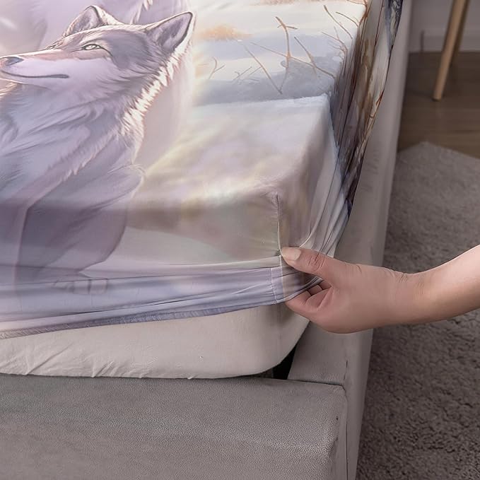 AILONEN Wolf Fitted Sheet Set Twin Snow Wolf Bed Sheet Set, Wolfmother and Wolf Pups Theme Bedding Set 3 Pieces Wildlife Wolf Sheet Set for Boys Girls,1 Fitted Sheet with 2 Pillowcases