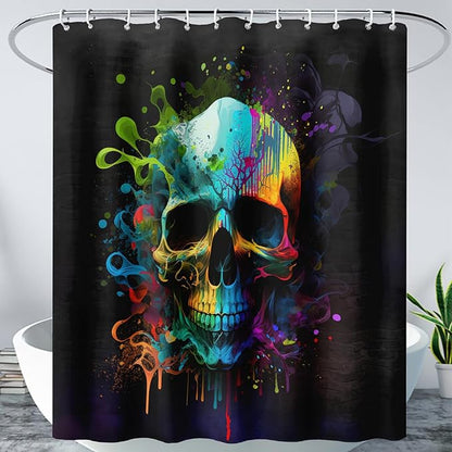 AILONEN Sugar Skull Shower Curtain for Bathroom,Watercolor Skull Bath Curtain Decoration,Minimalism Tie Dye Skeleton Print Waterproof Black Curtain with 12 Plastic Hooks, 72" W*78" H
