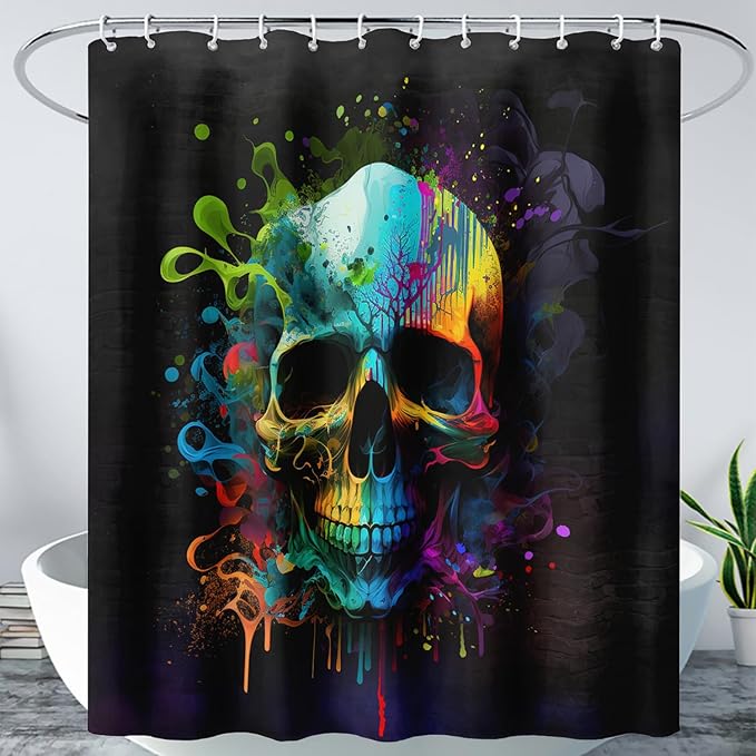 AILONEN Sugar Skull Shower Curtain for Bathroom,Watercolor Skull Bath Curtain Decoration,Minimalism Tie Dye Skeleton Print Waterproof Black Curtain with 12 Plastic Hooks, 60" W*72" H