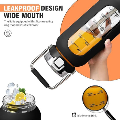 kytffu 64 oz Glass Water Bottle with Straw and Stainless Steel Handle, Half Gallon Water Bottle with Silicone Sleeve and Time Marker, 2L Large Glass Bottle for Gym, School, Travel, Leak-proof (Black)