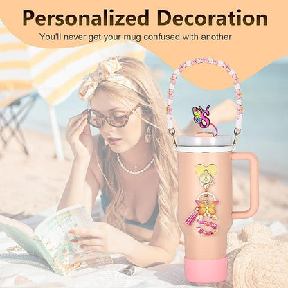 Stanley Cup Accessories Include Silicone Stanley Straw Cover, Butterfly Letter KeyChain Charms, Water Bottle Handle Strap, Boot and Chain for Stanley Cup 30oz 40oz Tumbler