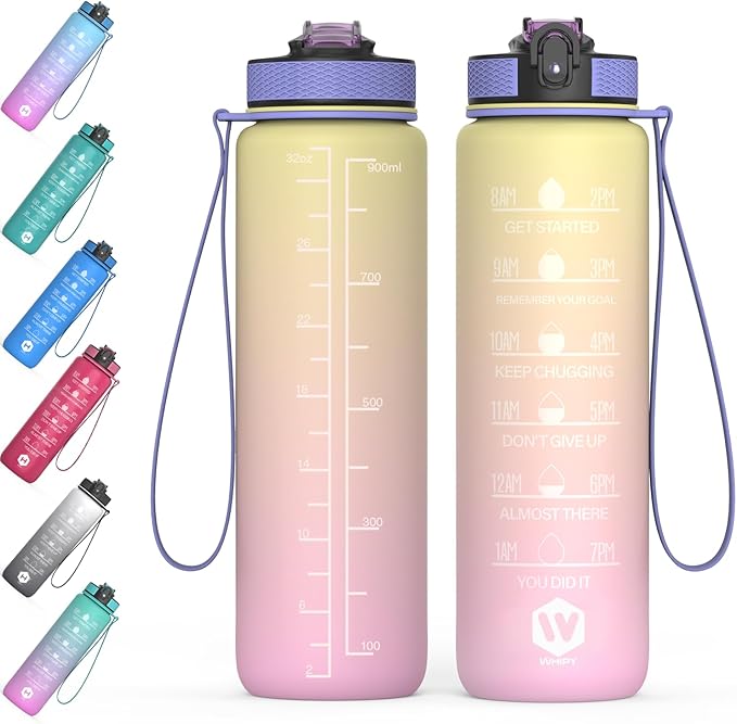 32 oz Water Bottle with Time Marker- Leak-Proof & BPA Free Reusable Gym Water Bottle - Easy to Carry Motivational Water Bottle for Fitness, Sports, Outdoor, Cycling, School (Yellow & Light Pink)