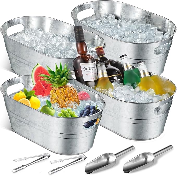 4 Pack Metal Ice Bucket, Galvanized Tub Ice Buckets For Parties, 4 Gallon Large Ice Bucket, With 2 Ice Bucket & 2 Tongs Cooler Bucket, For Festive Party Drink Cocktail Bar Champagne Bottle Bucket