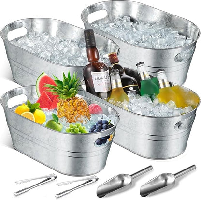 4 Pack Metal Ice Bucket, Galvanized Tub Ice Buckets For Parties, 4 Gallon Large Ice Bucket, With 2 Ice Bucket & 2 Tongs Cooler Bucket, For Festive Party Drink Cocktail Bar Champagne Bottle Bucket
