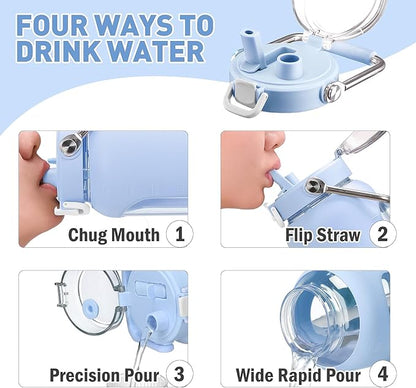 84oz Glass Water Bottle with Stainless Steel Handle,2.5L Gallon Water Bottle With 2-IN-1 Straw Lid, Silicone Sleeve and Motivational Capacity Marker, Wide Mouth Water Jug For Gym, Workout, Blue