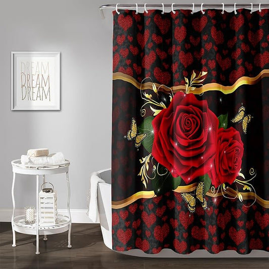 AILONEN Red Rose Shower Curtain for Bathroom, Romantic Flower Rose 3D Printed Valentine Wedding Bathroom Decor Hearts Curtain,72" W*84" H Polyester Waterproof Bath Curtain with 12 Hooks