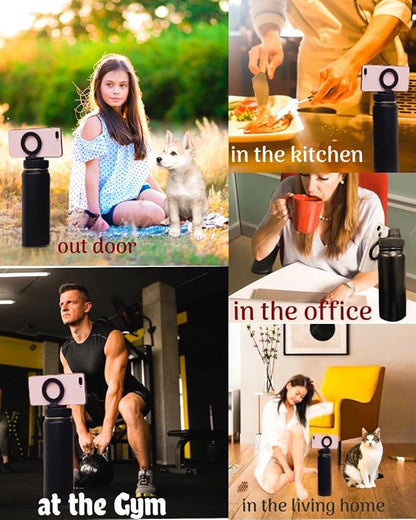 Stainless Steel Water Bottle compatible with all devices Tripod Phone Holder with booster ring -sport -gym-bottle for man & woman -25oz 360Rotate, A-Bubble Gum, 25oz-ct12