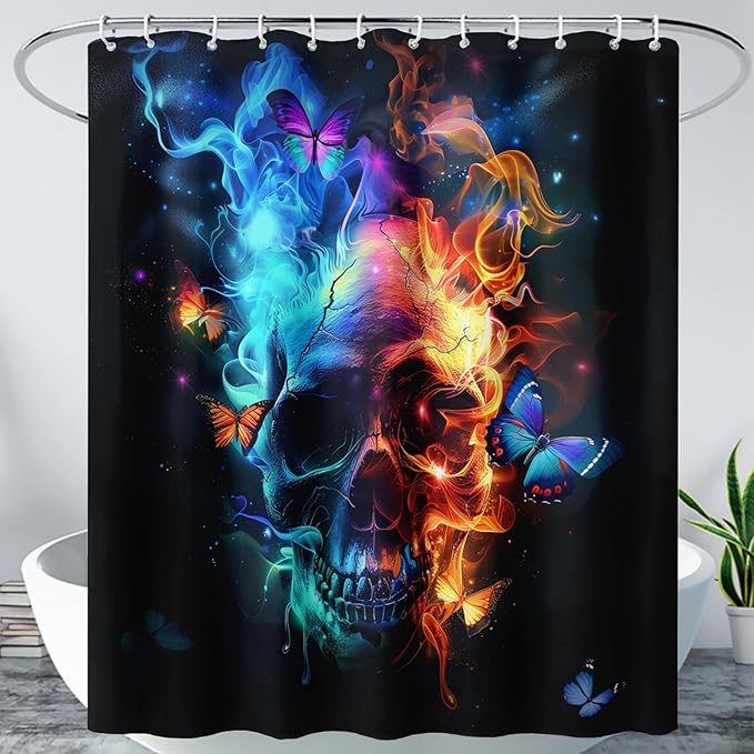 AILONEN Sugar Skull Shower Curtain for Bathroom,Blue and Red Smoky Skull Bath Curtain Decoration,Starry Butterfly Skull Skeleton Print Waterproof Shower Curtain with 12 Plastic Hooks, 72" W*78" H