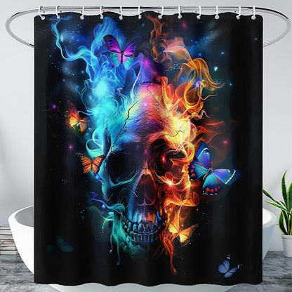 AILONEN Sugar Skull Shower Curtain for Bathroom,Blue and Red Smoky Skull Bath Curtain Decoration,Starry Butterfly Skull Skeleton Print Waterproof Shower Curtain with 12 Plastic Hooks, 72" W*96" H