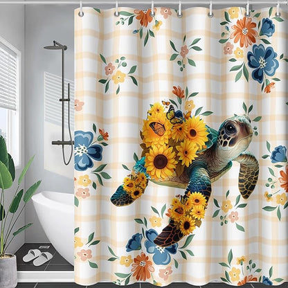 AILONEN Sea Turtle Shower Curtain for Bathroom, Sunflower Turtle Bathroom Curtain,Ocean Turtle Floral Grid Bath Curtain 48" W*72" H Polyester Waterproof Bathroom Curtain with 12 Hooks