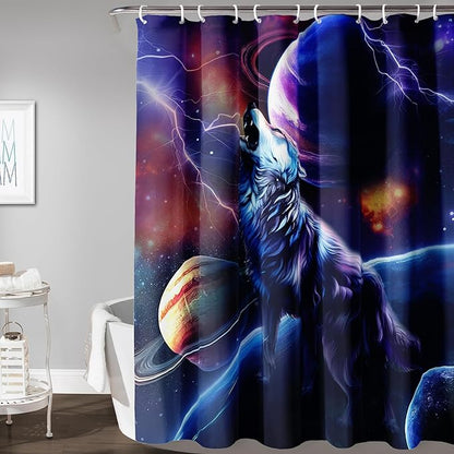 AILONEN Howling Wolf Shower Curtain,Lightning Planet Wolf Bath Curtain for Kids Boys Girls,Wildlife Animal Polyester Waterproof for Shower with 12 Plastic Hooks 72" W*84" H