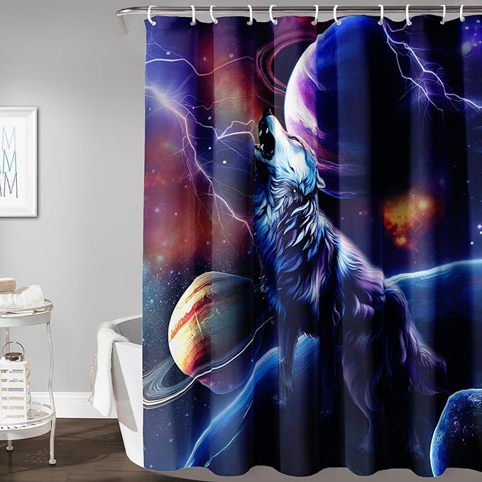AILONEN Howling Wolf Shower Curtain,Lightning Planet Wolf Bath Curtain for Kids Boys Girls,Wildlife Animal Polyester Waterproof for Shower with 12 Plastic Hooks 60" W*72" H