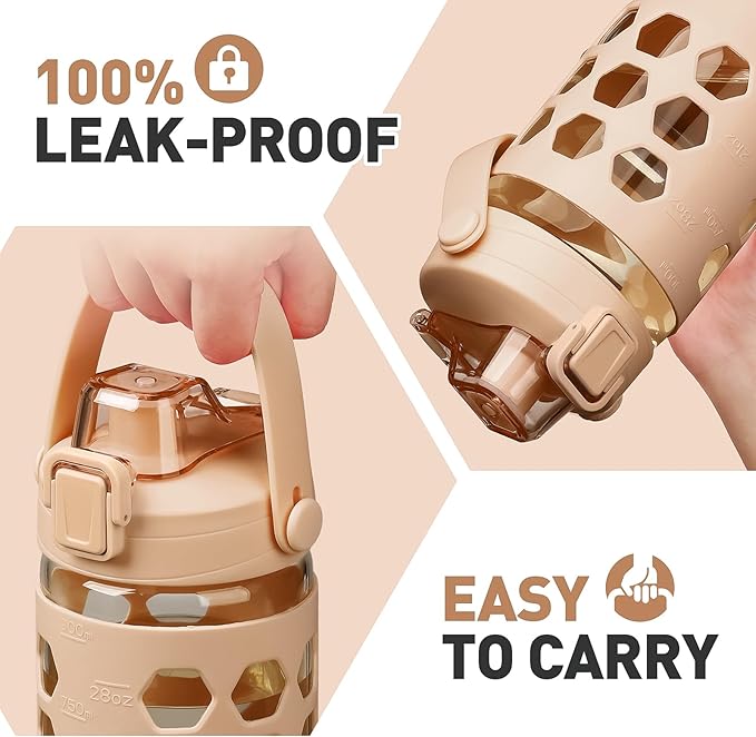 MUKOKO 32 oz Glass Tumbler with Straw,Glass Water Bottles with Time Marker,Iced Coffee Cup with 2 Lids-Handle Spout Lid&Straw Lid,Silicone Sleeve,Leakproof,1 Pack-Amber