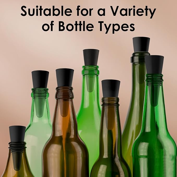 6 PCS Black Silicone Wine Stoppers with Threaded Seal Ring and Stainless Top - Suitable for Wine and Beverage Bottles - Keeping Wine or Beverage Fresh…