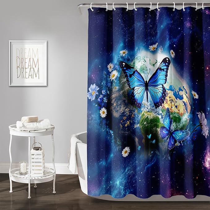 AILONEN Blue Butterfly Shower Curtain 72" W*78" H,Mystic Galaxy Earth Starry Bathroom Decor,Modern Floral Butterfly Bath Curtain Polyester Waterproof Bathroom Curtain with 12 Hooks