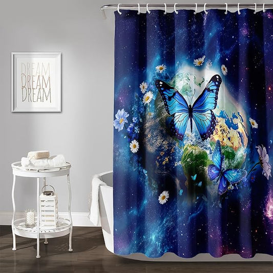 AILONEN Blue Butterfly Shower Curtain 60" W*72" H,Mystic Galaxy Earth Starry Bathroom Decor,Modern Floral Butterfly Bath Curtain Polyester Waterproof Bathroom Curtain with 12 Hooks
