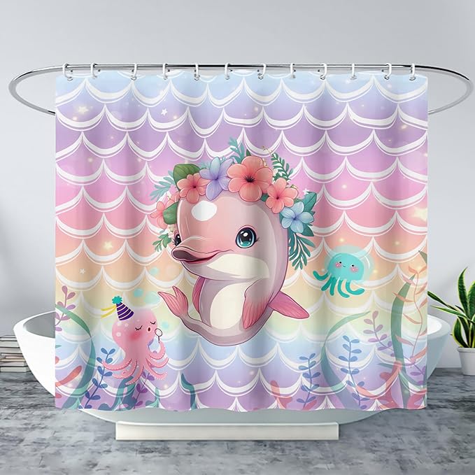 AILONEN Cute Dolphin Shower Curtain,Beautiful Sea World Theme Bath Curtain Cloth Fabric Bathroom 72" W*84" H Inch,12 Pack Hooks for Kids Child Cute Pink Dolphin Sea Animal Bathroom Curtain