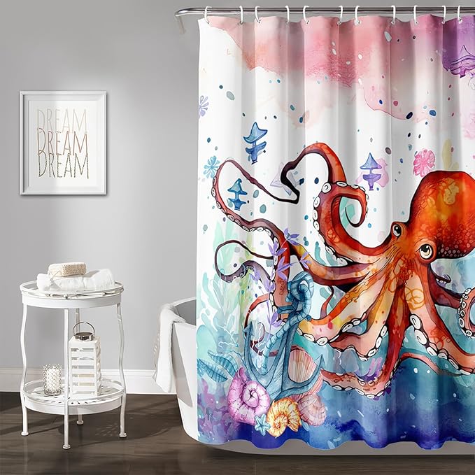 AILONEN Lovely Octopuses Shower Curtain Set, Red Cartoon Octopus Waterproof Fabric Shower Curtain for Bathroom,Watercolor Nautical Anchor Theme Cloth Bath Curtain with Hooks,36" Wx72 H