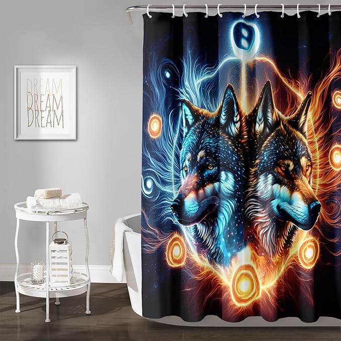 AILONEN Boys Wolf Shower Curtains, Animal Wolf Print Shower Curtain for Boys Kids Bathroom Decor,Modern Abstract Black Bath Curtain 60" W*72" H Decor with 12 Plastic Hooks