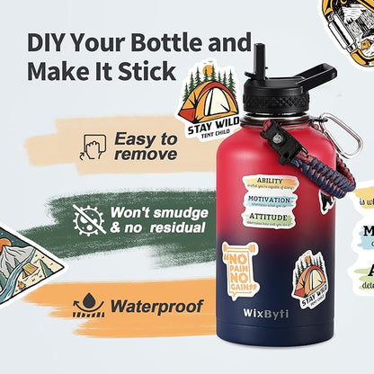 64 oz Insulated Water Bottle with Straw (Cold for 48 Hrs), Half Gallon Stainless Steel Triple Wall Vacuum Sports Water Jug, Leakproof Hydro Cup Flask with Straw Spout Lids & DIY Stickers