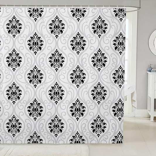Feelyou Damask Pattern Shower Curtain 72"x78" Kids Vintage Floral Bathroom Shower Curtain Set for Boys Girls Teens Antique Victorian Baroque Bath Curtain Black White Baroque Style Bathroom Accessories