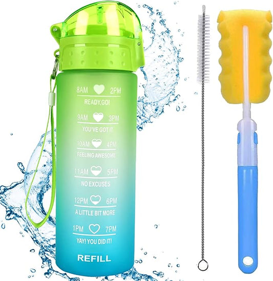 XACIOA Water Bottle with Straw,18oz Plastic Cup with Motivational Time Marker,1L Tritan Sport Lightweight Leakproof BPA-Free,Wide Mouth Fast Flow Ensure You Have Times to Drink,with Straw & Cup Brush