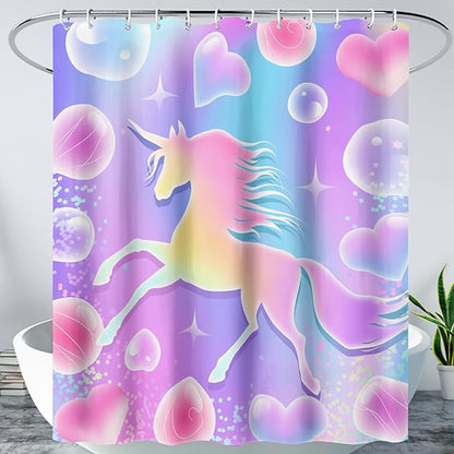 AILONEN Girls Unicorn Shower Curtain for Bathroom, Pink Hearts Rainbow Unicorn Bath Curtain,Cute Unicorn Kids Shower Curtain 72" W*78" H Polyester Waterproof Bathroom Curtain with 12 Hooks