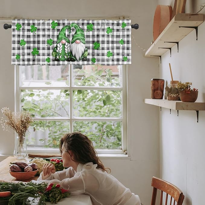 St. Patrick's Day Valances Kitchen Curtains for Windows,Buffalo Plaid Shamrock Gnome Elf Rod Pocket Valances Seasonal Spring Holiday Farmhouse Decor Short Curtains for Bedroom,54" X 18" -1 Panel