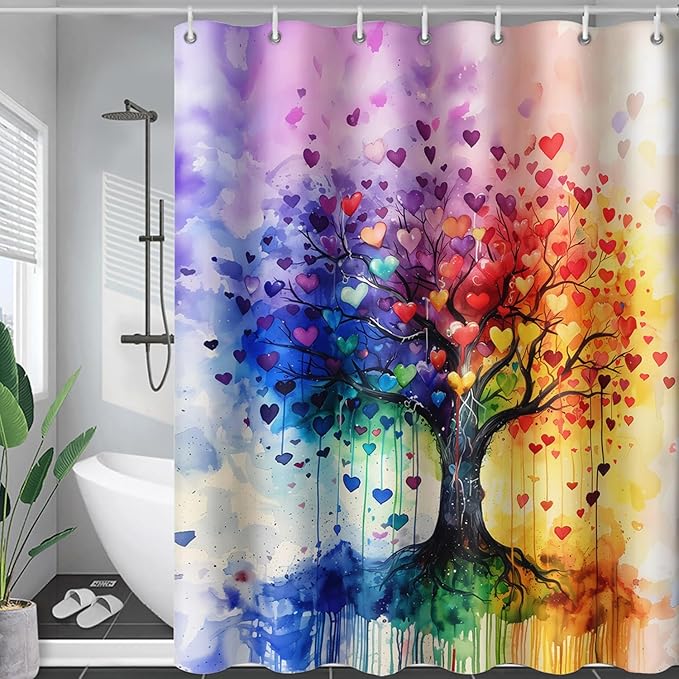 AILONEN Tree of Life Shower Curtain for Bathroom,Watercolor Hearts Tree Printed Waterproof Bath Curtain,Colorful Tree Leaves of Life Abstract Boho Shower Curtain 48" W x 72" H