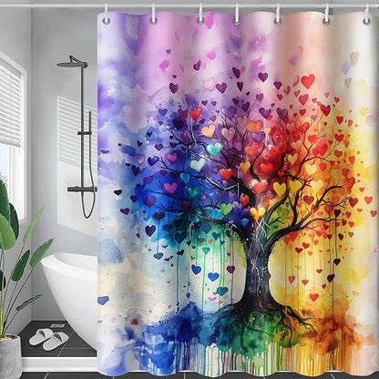 AILONEN Tree of Life Shower Curtain for Bathroom,Watercolor Hearts Tree Printed Waterproof Bath Curtain,Colorful Tree Leaves of Life Abstract Boho Shower Curtain 36" W x 72" H