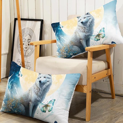 AILONEN Wolf Fitted Sheet Set Queen Size, Blue Tie Dye Wolf Bed Sheet Set Decor,3 Pieces Moon Wolf Sheet Set,Modern Watercolor Wolf and Butterfly Fitted Sheet with 2 Pillowcases