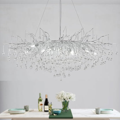 Modern Chandeliers,47.24in Rectangular Crystal Chandelier Chrome, 13-Light Farmhouse Raindrop Chandelier Pendant Light Fixture for Living Room, Kitchen Island 13-Light