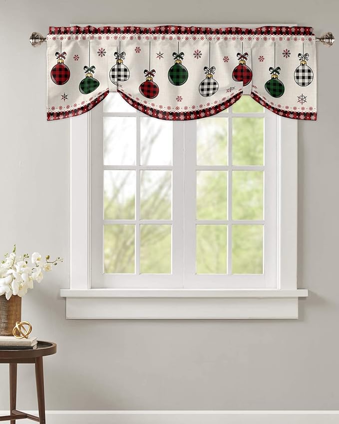 Christmas Blackout Tie Up Valance Curtains for Kitchen Windows Vintage Buffalo Plaid Christmas Balls Window Toppers Balloon Shades for Living Room/Bathroom/Bedroom,1 Panel,42" X 12" Farmhouse