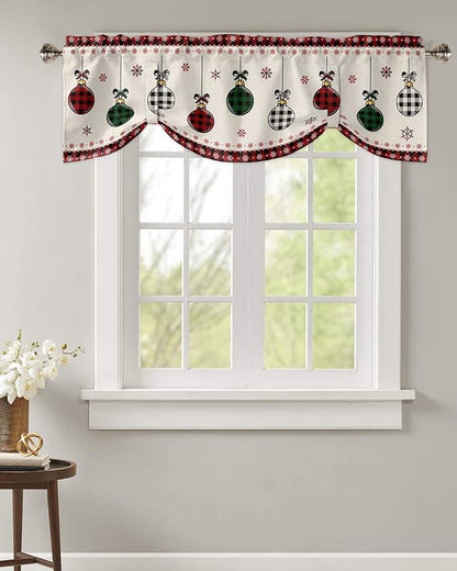 Christmas Blackout Tie Up Valance Curtains for Kitchen Windows Vintage Buffalo Plaid Christmas Balls Window Toppers Balloon Shades for Living Room/Bathroom/Bedroom,1 Panel,42" X 12" Farmhouse