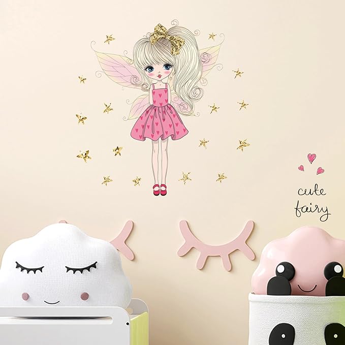 Pink Cute Butterfly Girl Wall decals for Girls Bedroom Princess Gold Stars Kids Room Decor Removable Fairy Stickers Vinyl Wall Murals Peel and Stick for Playroom Classroom Living Room Nursery