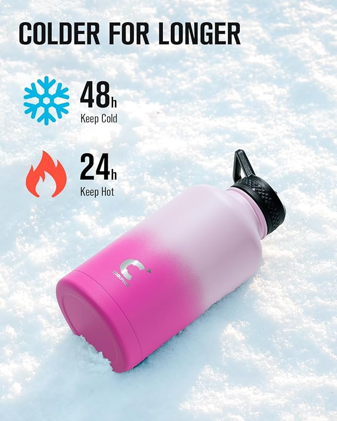 64oz Insulated Water Bottle, Coolplus Half Gallon Water Jug With Straw Stainless Steel Double-Walled Vacuum Metal Large Flask With Carry Sleeve Bpa-Free Leakproof, Keep Cold 48 Hrs, Pink