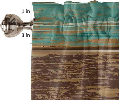 Kitchen Curtains and Valances Set,Rustic Farmhouse Window Treatments Tiers Retro Wood Teal Green Brown Semi Sheer Half/Short Curtains for Small Windows Cafe /Living Room/ Bedroom 54x36 in, 3-Piece
