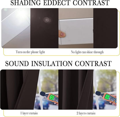 NICETOWN 100% Blackout Curtains 45 inches Length, 2 Thick Layers Completely Blackout Window Treatment Thermal Insulated Lined Drapes for Basement Window (Brown, 1 Pair, 52 inches Width Each Panel)