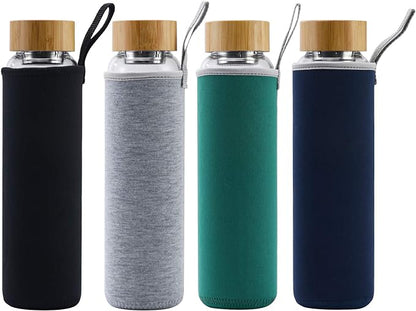 Glass Water Bottle 32 oz Wide Mouth with Sleeve Bamboo Lid Motivational Water Bottle With Time Marker Reusable Safe for Hot Cold Drinks Bpa Free (Black)