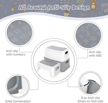 2 Step Stools for Kids, Anti-Slip Toddler Step Stool for Bathroom Sink, Two Step Stool for Toddlers Toilet Potty Training, Toddler Stool for Kitchen Counter Bedroom, Grey
