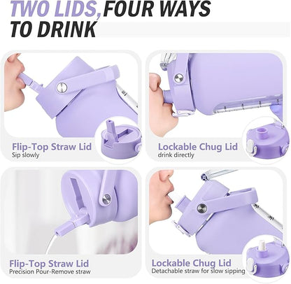 64 oz Glass Water Bottle with Straw and 2 Lids, Half Gallon Water Bottle with Sleeve, Large Insulated 2 Liter Glass Water Jug Time Marker with Handle - Purple