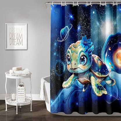 AILONEN 3D Sea Turtle Shower Curtain for Bathroom, Cute Turtle Blue Space Galaxy Bath Curtain,Kids Kawaii Ocean Turtle Decorative Watercolor Curtain with 12 Plastic Hooks for Boys Girls 72" W*84" H