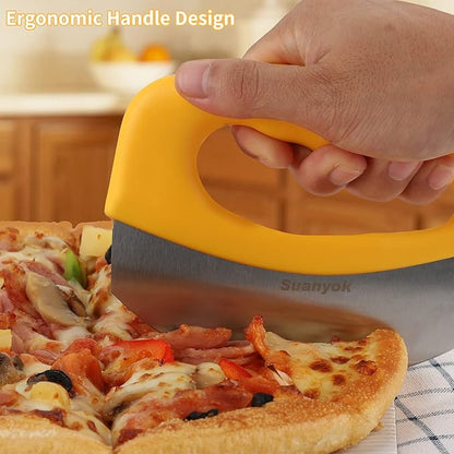 Premium Pizza Cutter Food Chopper-Super Sharp Blade Stainless Steel Pizza Cutter Rocker Slicer with Protective Sheath Multi Function Pizza Knife Kitchen Tools,Dishwasher Safe (Yellow)